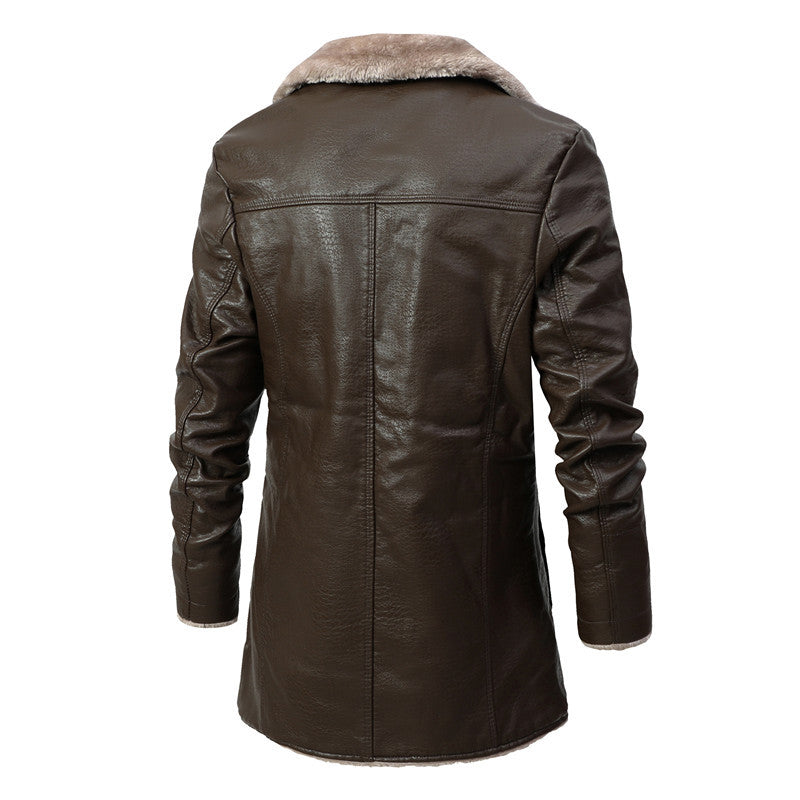 Men's Mid-Length Leather Jacket for Middle-Aged and Elderly People in Autumn and Winter Business European Size Plus Velvet Large Lapel Suit Leather Plush Jacket for Men