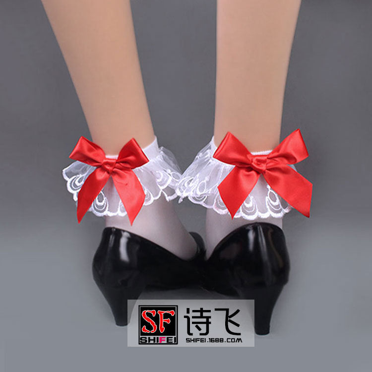 Summer Lace Bow Low-barred Silk Stockings Short Socks for Pretty Girls Student Socks Velvet Medium-thick Short-barred Socks for Women