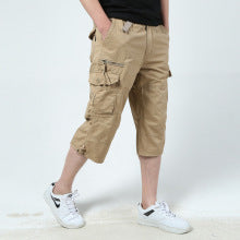 Summer Cargo Pants, Thin, Loose, Plus-Size Men's Shorts, Multi-Pocket Mid-Length Pants, Outdoor Casual Seven-Point Pants, High-Waisted for Men
