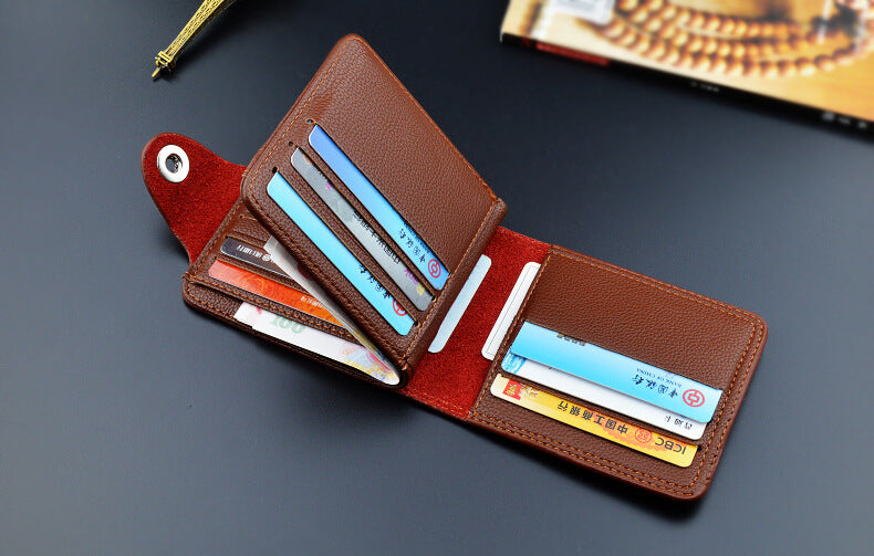 New Men's Wallet, Men's Short Wallet, Fashionable European and American Magnetic Buckle Multi-Card Slot Card Holder, Large Capacity Pebbled Wallet