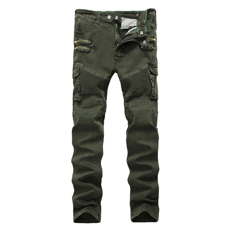 European and American trendy men's BIKER pleated stretch skinny casual pants High Street multi-pocket zipper men's slim fit overalls