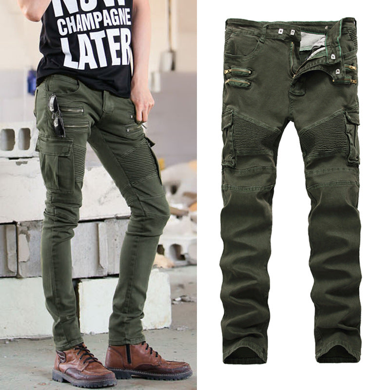 European and American trendy men's BIKER pleated stretch skinny casual pants High Street multi-pocket zipper men's slim fit overalls