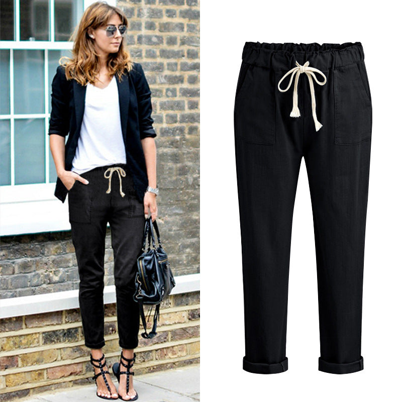 Spring Summer Autumn Harlan Pants Women's Cropped Pants European and American plus size 100.00kg Loose All-match Casual Pants Leg Black Pants