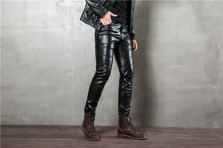 Punk Autumn Fashion Men's Korean Style Slim-fit Leggings Motorcycle Zipper Half Leather Casual Teenage Stitching Tight Leather Trendy Pants