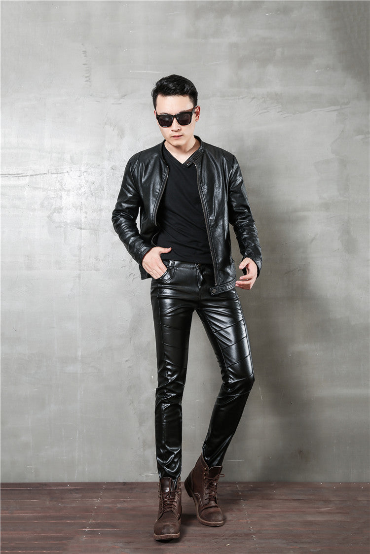 Punk Autumn Fashion Men's Korean Style Slim-fit Leggings Motorcycle Zipper Half Leather Casual Teenage Stitching Tight Leather Trendy Pants