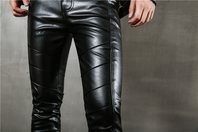 Punk Autumn Fashion Men's Korean Style Slim-fit Leggings Motorcycle Zipper Half Leather Casual Teenage Stitching Tight Leather Trendy Pants