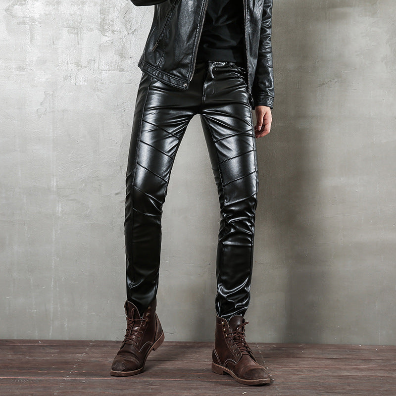 Punk Autumn Fashion Men's Korean Style Slim-fit Leggings Motorcycle Zipper Half Leather Casual Teenage Stitching Tight Leather Trendy Pants