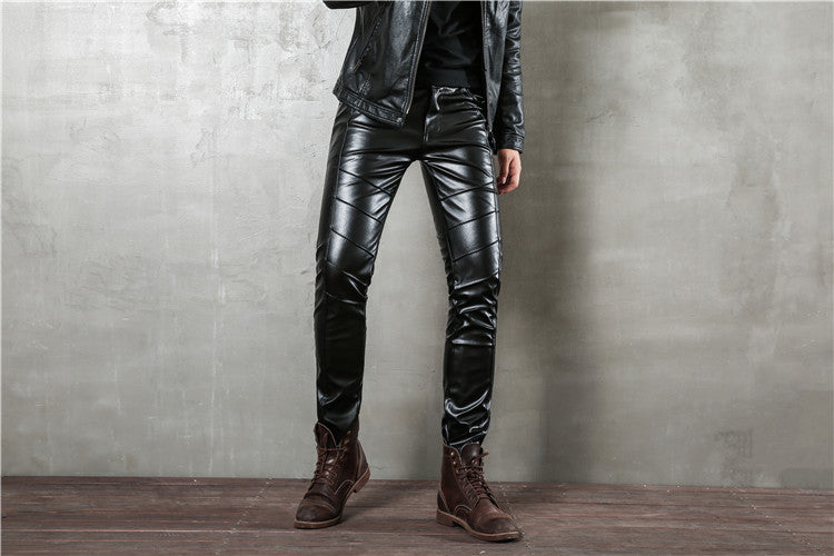 Punk Autumn Fashion Men's Korean Style Slim-fit Leggings Motorcycle Zipper Half Leather Casual Teenage Stitching Tight Leather Trendy Pants