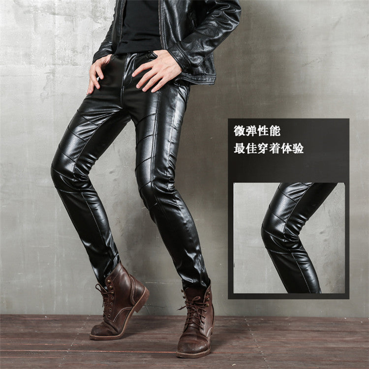 Punk Autumn Fashion Men's Korean Style Slim-fit Leggings Motorcycle Zipper Half Leather Casual Teenage Stitching Tight Leather Trendy Pants
