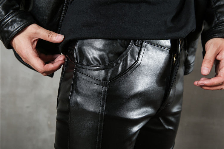Punk Autumn Fashion Men's Korean Style Slim-fit Leggings Motorcycle Zipper Half Leather Casual Teenage Stitching Tight Leather Trendy Pants