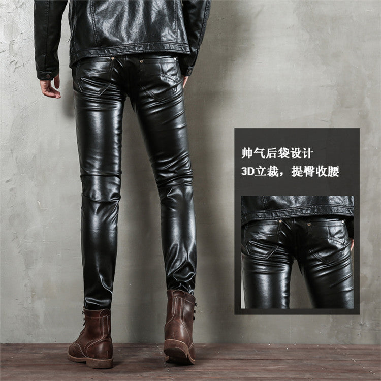 Punk Autumn Fashion Men's Korean Style Slim-fit Leggings Motorcycle Zipper Half Leather Casual Teenage Stitching Tight Leather Trendy Pants