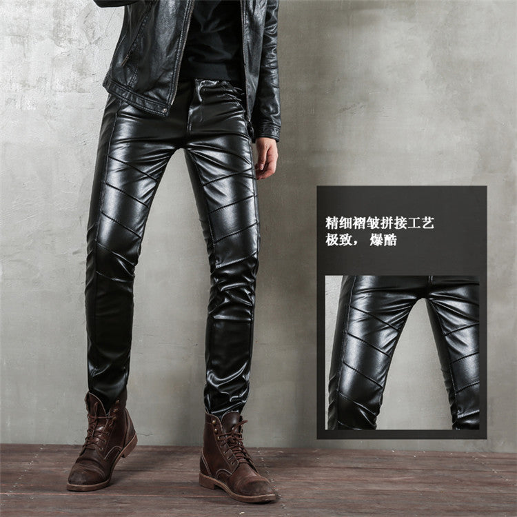 Punk Autumn Fashion Men's Korean Style Slim-fit Leggings Motorcycle Zipper Half Leather Casual Teenage Stitching Tight Leather Trendy Pants