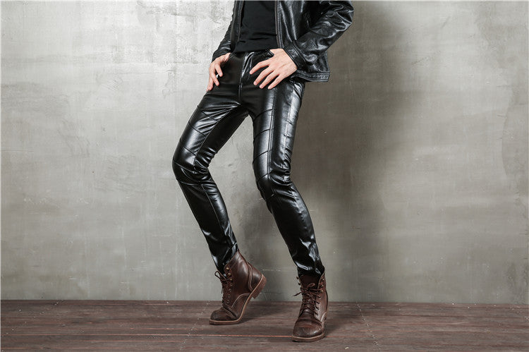 Punk Autumn Fashion Men's Korean Style Slim-fit Leggings Motorcycle Zipper Half Leather Casual Teenage Stitching Tight Leather Trendy Pants