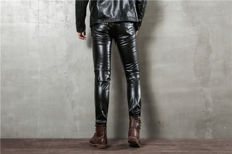 Punk Autumn Fashion Men's Korean Style Slim-fit Leggings Motorcycle Zipper Half Leather Casual Teenage Stitching Tight Leather Trendy Pants