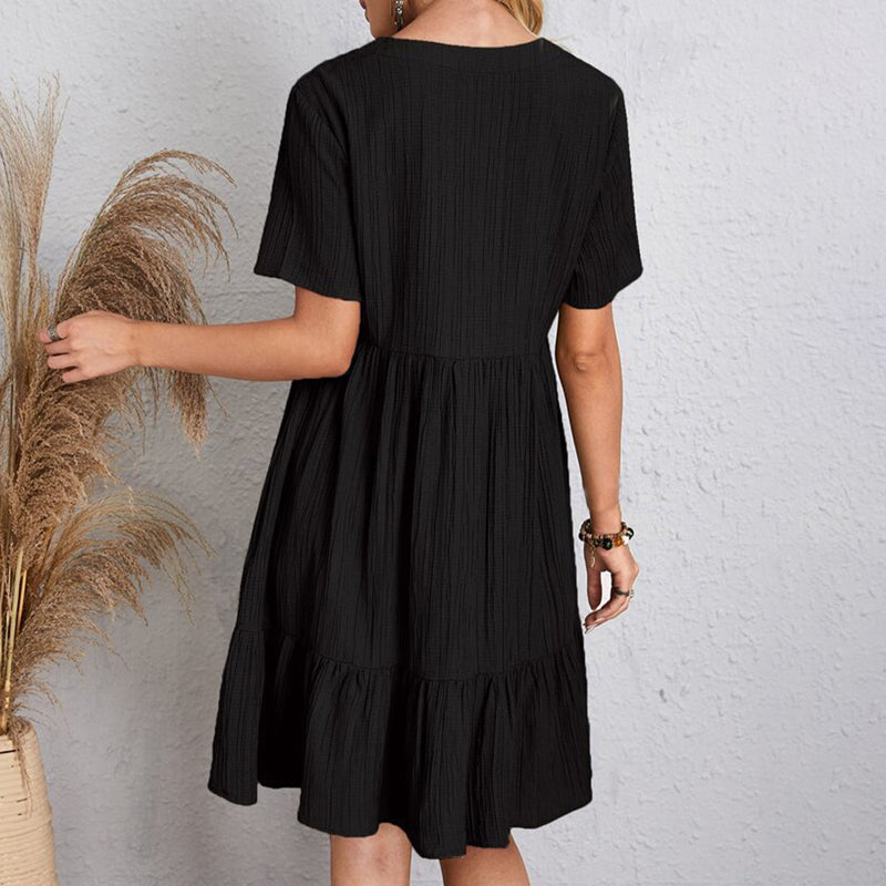 Summer Casual Women Elegant Short Sleeve V Neck Ruffles Dress Solid Loose Mini Dress Chic Bohemian Sundress Beach Party Vestidos