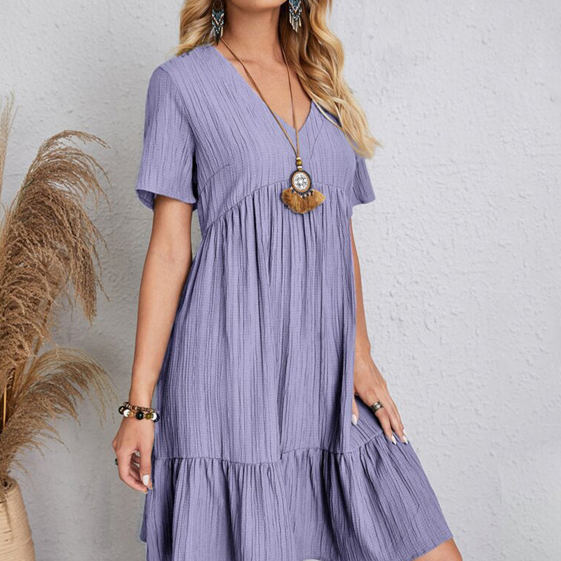 Summer Casual Women Elegant Short Sleeve V Neck Ruffles Dress Solid Loose Mini Dress Chic Bohemian Sundress Beach Party Vestidos