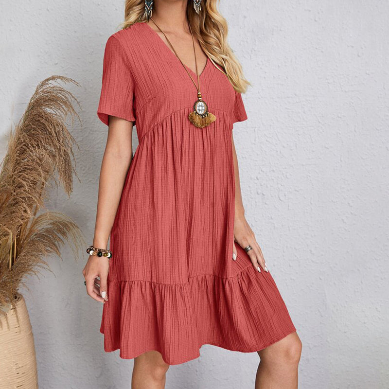 Summer Casual Women Elegant Short Sleeve V Neck Ruffles Dress Solid Loose Mini Dress Chic Bohemian Sundress Beach Party Vestidos