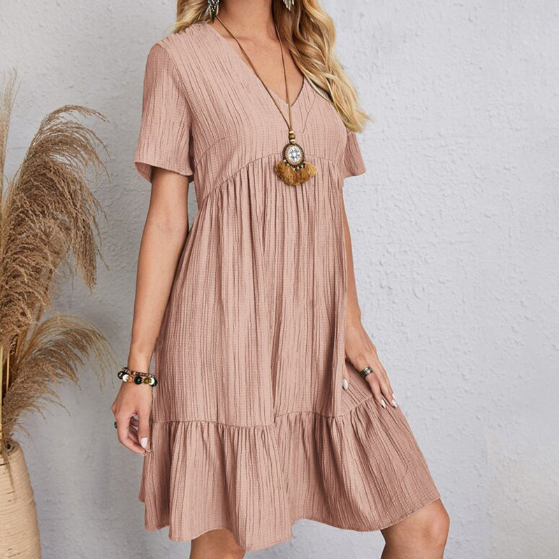 Summer Casual Women Elegant Short Sleeve V Neck Ruffles Dress Solid Loose Mini Dress Chic Bohemian Sundress Beach Party Vestidos