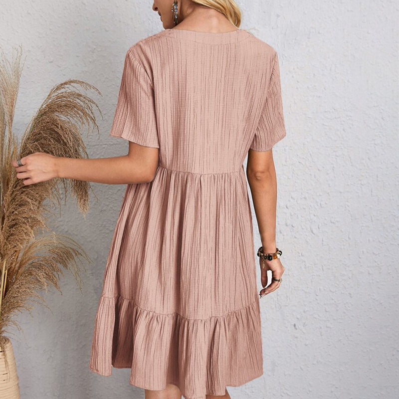 Summer Casual Women Elegant Short Sleeve V Neck Ruffles Dress Solid Loose Mini Dress Chic Bohemian Sundress Beach Party Vestidos