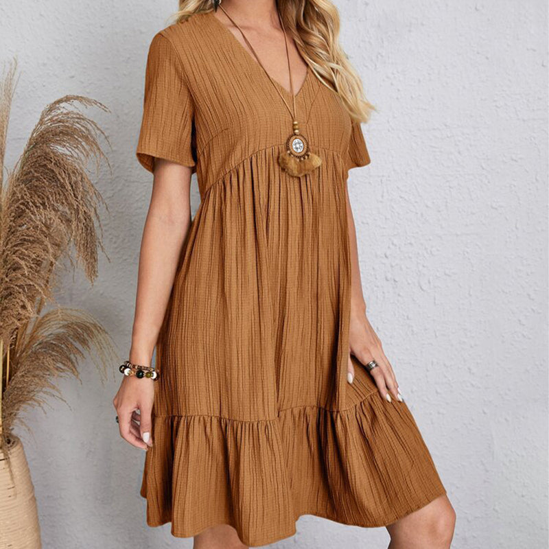 Summer Casual Women Elegant Short Sleeve V Neck Ruffles Dress Solid Loose Mini Dress Chic Bohemian Sundress Beach Party Vestidos