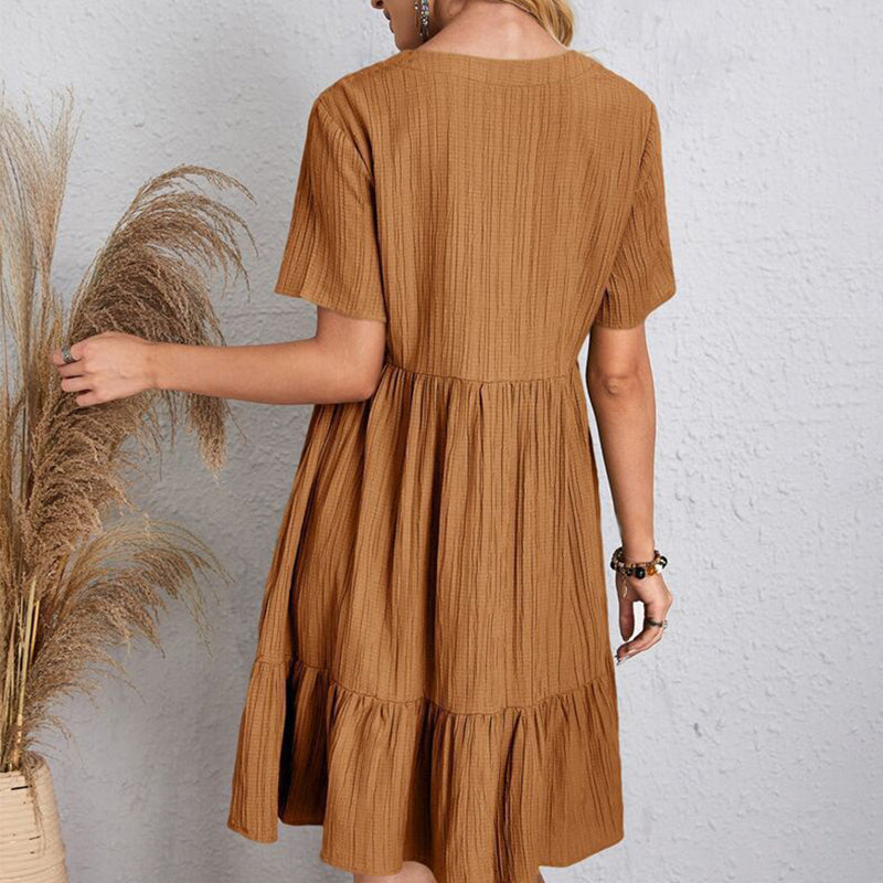 Summer Casual Women Elegant Short Sleeve V Neck Ruffles Dress Solid Loose Mini Dress Chic Bohemian Sundress Beach Party Vestidos