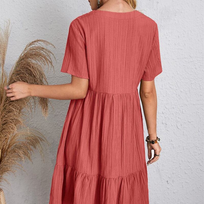 Summer Casual Women Elegant Short Sleeve V Neck Ruffles Dress Solid Loose Mini Dress Chic Bohemian Sundress Beach Party Vestidos