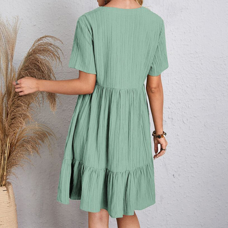 Summer Casual Women Elegant Short Sleeve V Neck Ruffles Dress Solid Loose Mini Dress Chic Bohemian Sundress Beach Party Vestidos
