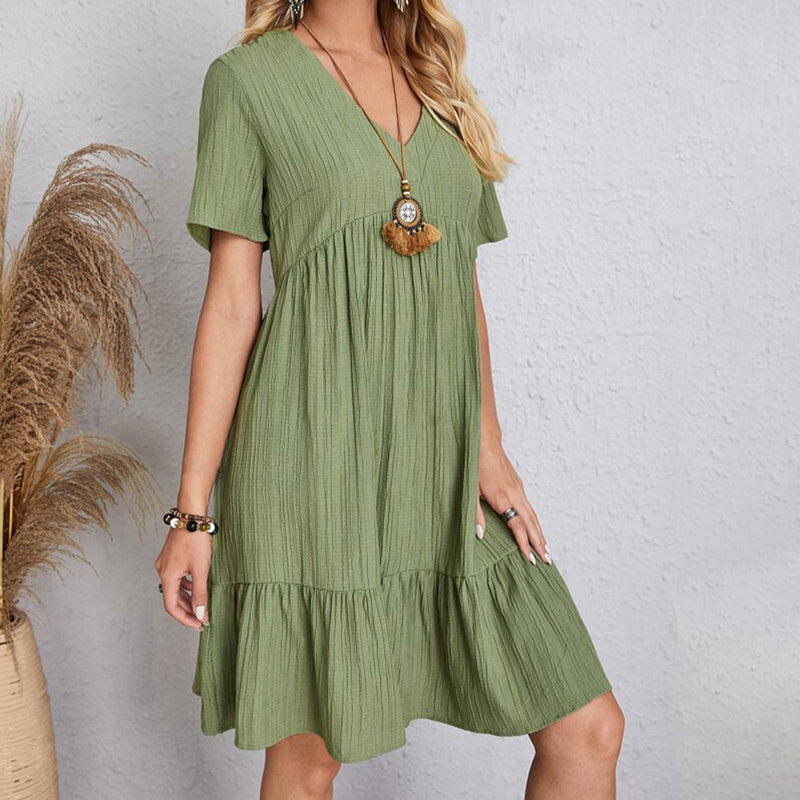 Summer Casual Women Elegant Short Sleeve V Neck Ruffles Dress Solid Loose Mini Dress Chic Bohemian Sundress Beach Party Vestidos