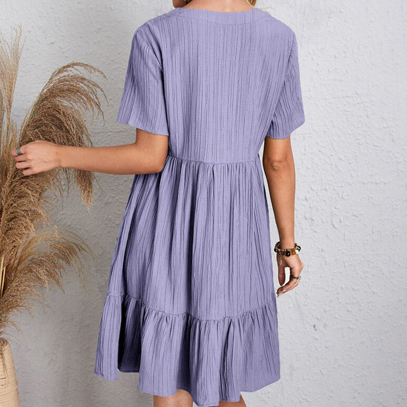 Summer Casual Women Elegant Short Sleeve V Neck Ruffles Dress Solid Loose Mini Dress Chic Bohemian Sundress Beach Party Vestidos