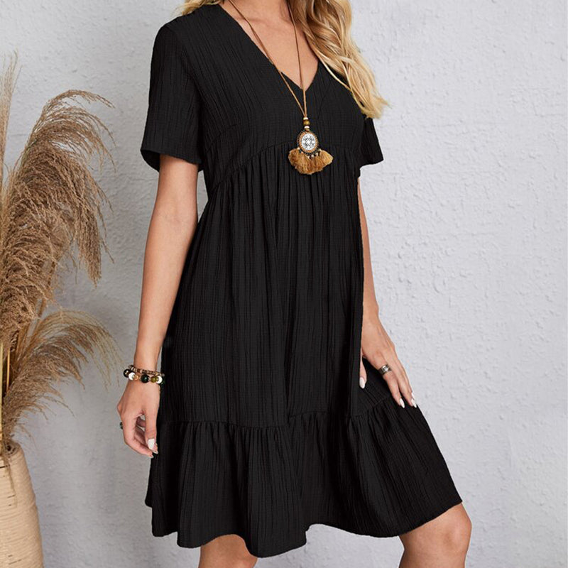 Summer Casual Women Elegant Short Sleeve V Neck Ruffles Dress Solid Loose Mini Dress Chic Bohemian Sundress Beach Party Vestidos