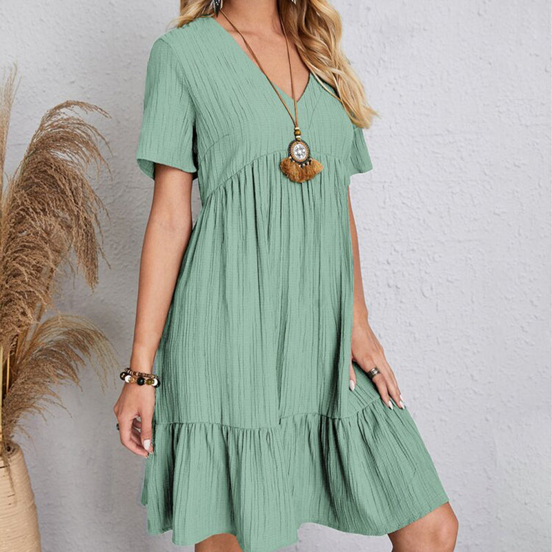 Summer Casual Women Elegant Short Sleeve V Neck Ruffles Dress Solid Loose Mini Dress Chic Bohemian Sundress Beach Party Vestidos