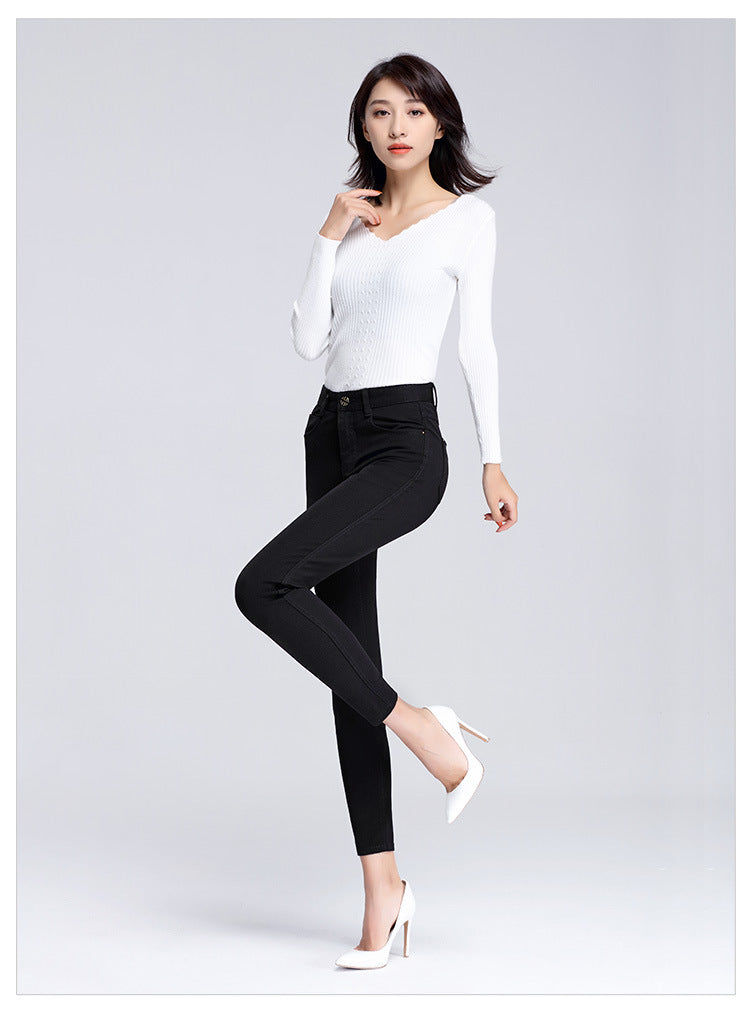 Women's Pants Spring and Autumn Black Cropped Casual Pants Women's Small Foot Large Size High Waist Stretch Small 0041 Pants