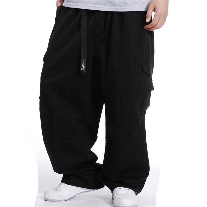 Spring and Autumn Men's Multi-Bag Pants for Chubby Casual Chubby Cotton Overalls with Fat plus size Wide Legs and Loose Waist Loose Long Pants
