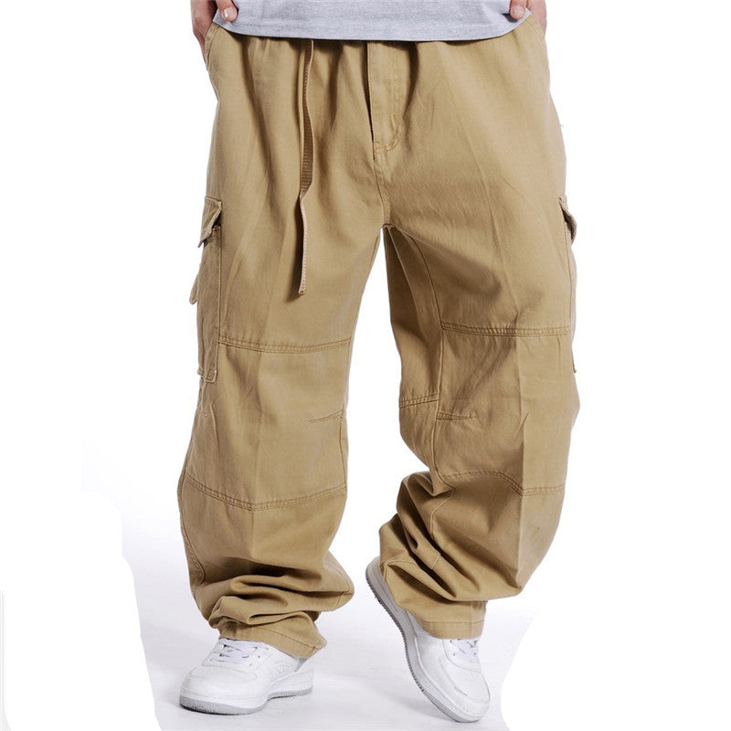 Spring and Autumn Men's Multi-Bag Pants for Chubby Casual Chubby Cotton Overalls with Fat plus size Wide Legs and Loose Waist Loose Long Pants