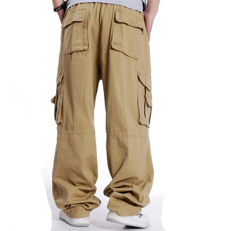 Spring and Autumn Men's Multi-Bag Pants for Chubby Casual Chubby Cotton Overalls with Fat plus size Wide Legs and Loose Waist Loose Long Pants