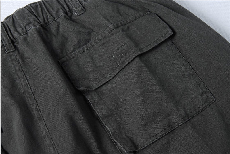Spring and Autumn Men's Multi-Bag Pants for Chubby Casual Chubby Cotton Overalls with Fat plus size Wide Legs and Loose Waist Loose Long Pants
