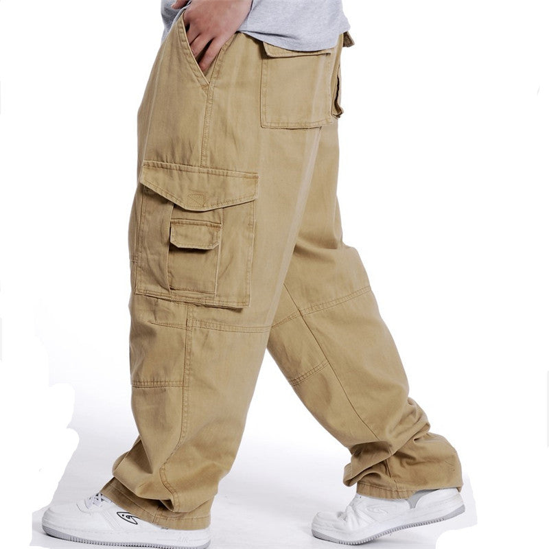 Spring and Autumn Men's Multi-Bag Pants for Chubby Casual Chubby Cotton Overalls with Fat plus size Wide Legs and Loose Waist Loose Long Pants