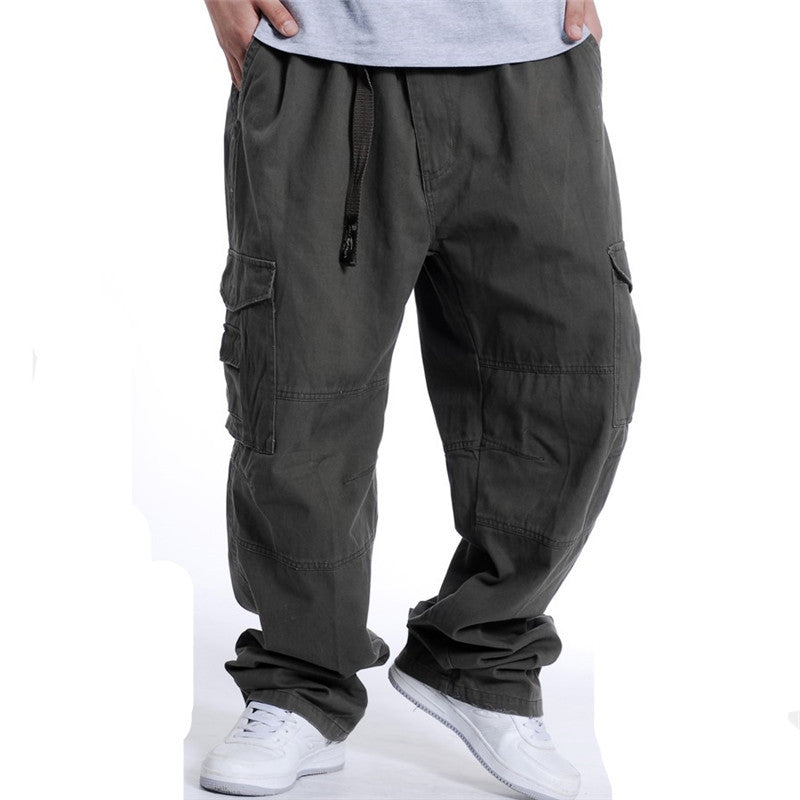 Spring and Autumn Men's Multi-Bag Pants for Chubby Casual Chubby Cotton Overalls with Fat plus size Wide Legs and Loose Waist Loose Long Pants