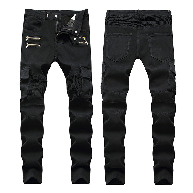 European and American trendy men's BIKER pleated stretch skinny casual pants High Street multi-pocket zipper men's slim fit overalls
