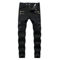European and American trendy men's BIKER pleated stretch skinny casual pants High Street multi-pocket zipper men's slim fit overalls