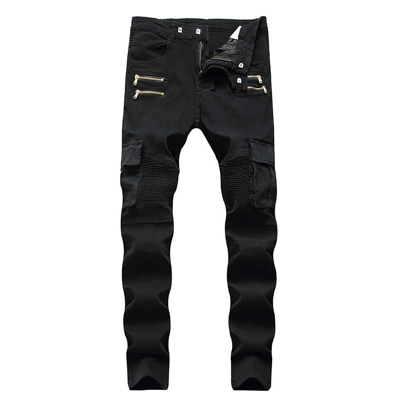 European and American trendy men's BIKER pleated stretch skinny casual pants High Street multi-pocket zipper men's slim fit overalls
