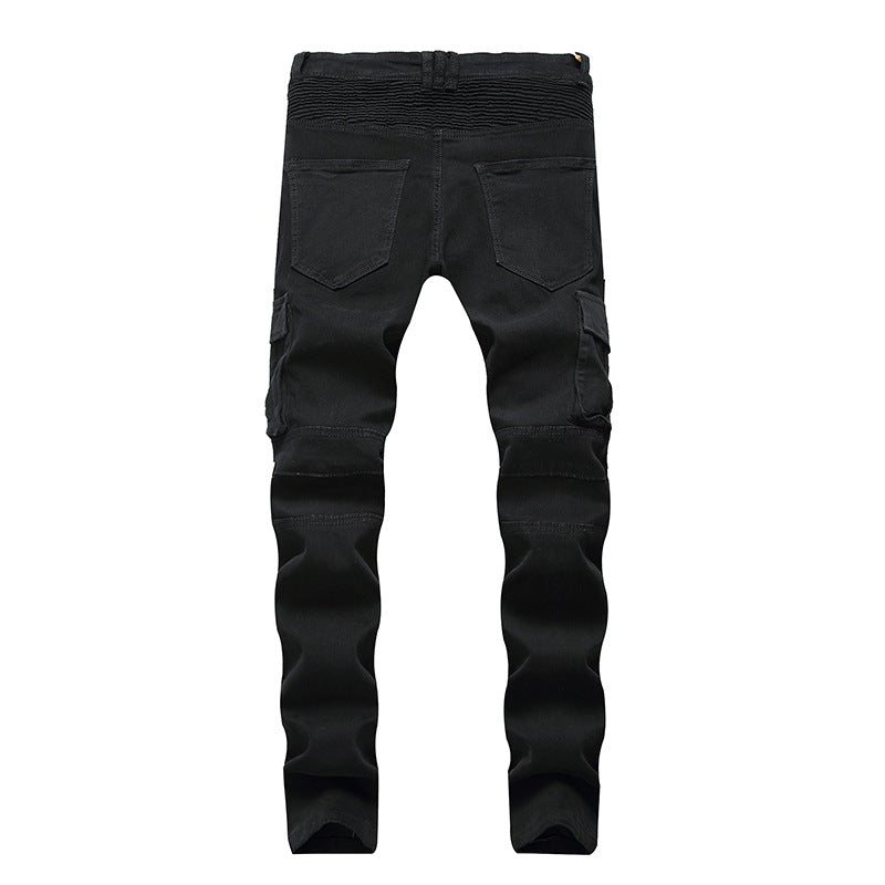European and American trendy men's BIKER pleated stretch skinny casual pants High Street multi-pocket zipper men's slim fit overalls