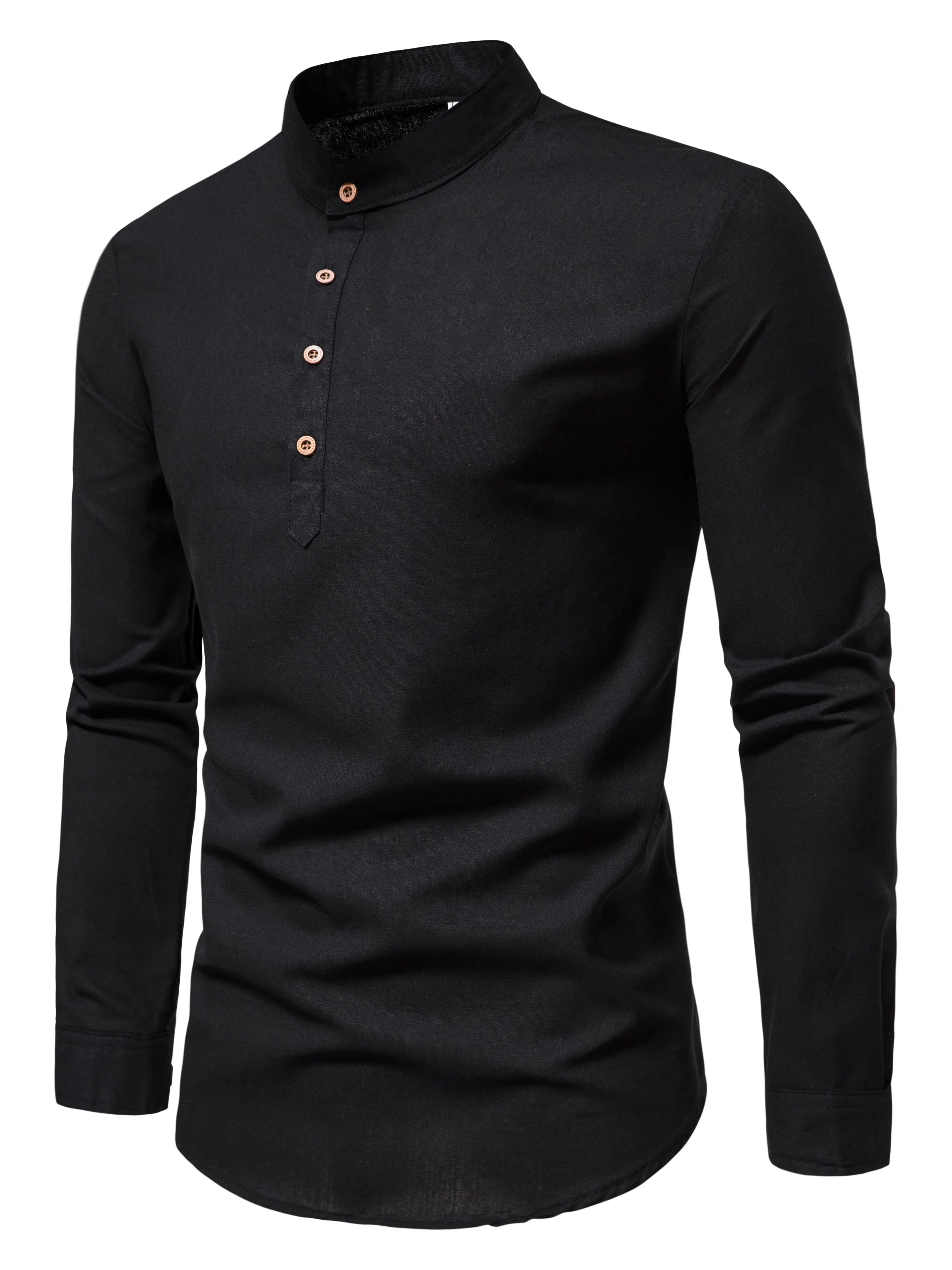 Spring And Autumn Men'S Pure Cotton Solid Color Shirts, Elegant Long-Sleeved Stand-Up Collar Shirts, Slim-Fit Men'S Shirts