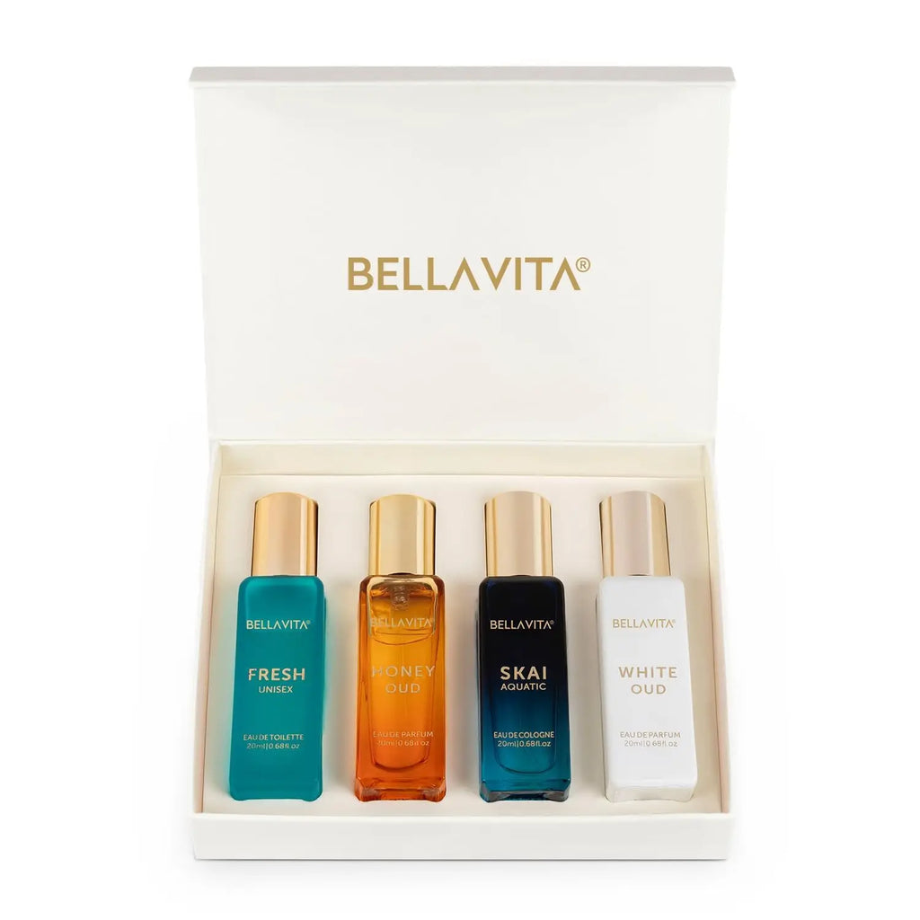 Generic Bella Vita Luxury Unisex Eau De Parfum Gift Set 4 X 20ml for Men & Women with SKAI, FRESH, WHITEOUD, HONEY OUD Perfume|Long Lasting EDP Fragrance Scent