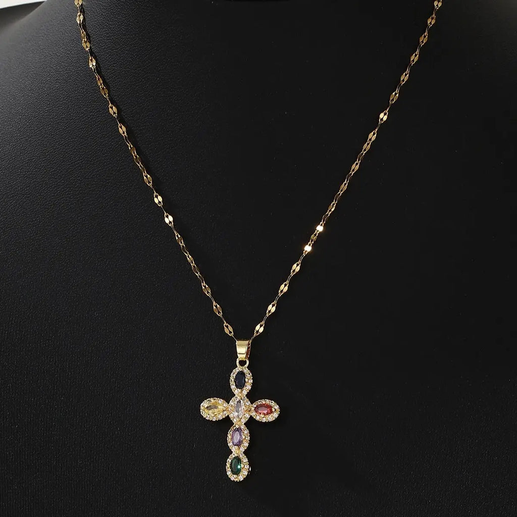 Fashion Personality 1 Piece Necklace Elegant Women's Micro Inlaid Colorful Round Zircon Cross Necklace