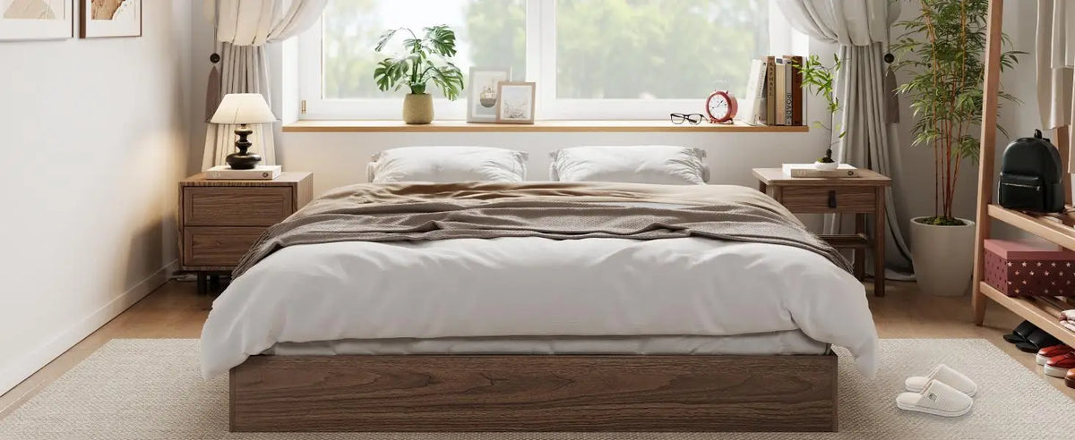 Queen Bed Frame, Wooden Platform Bed with Sturdy Slats, Modern Minimalist Design, No Box Spring Needed, Noise-Free Design, Easy Assembly, Walnut Wood