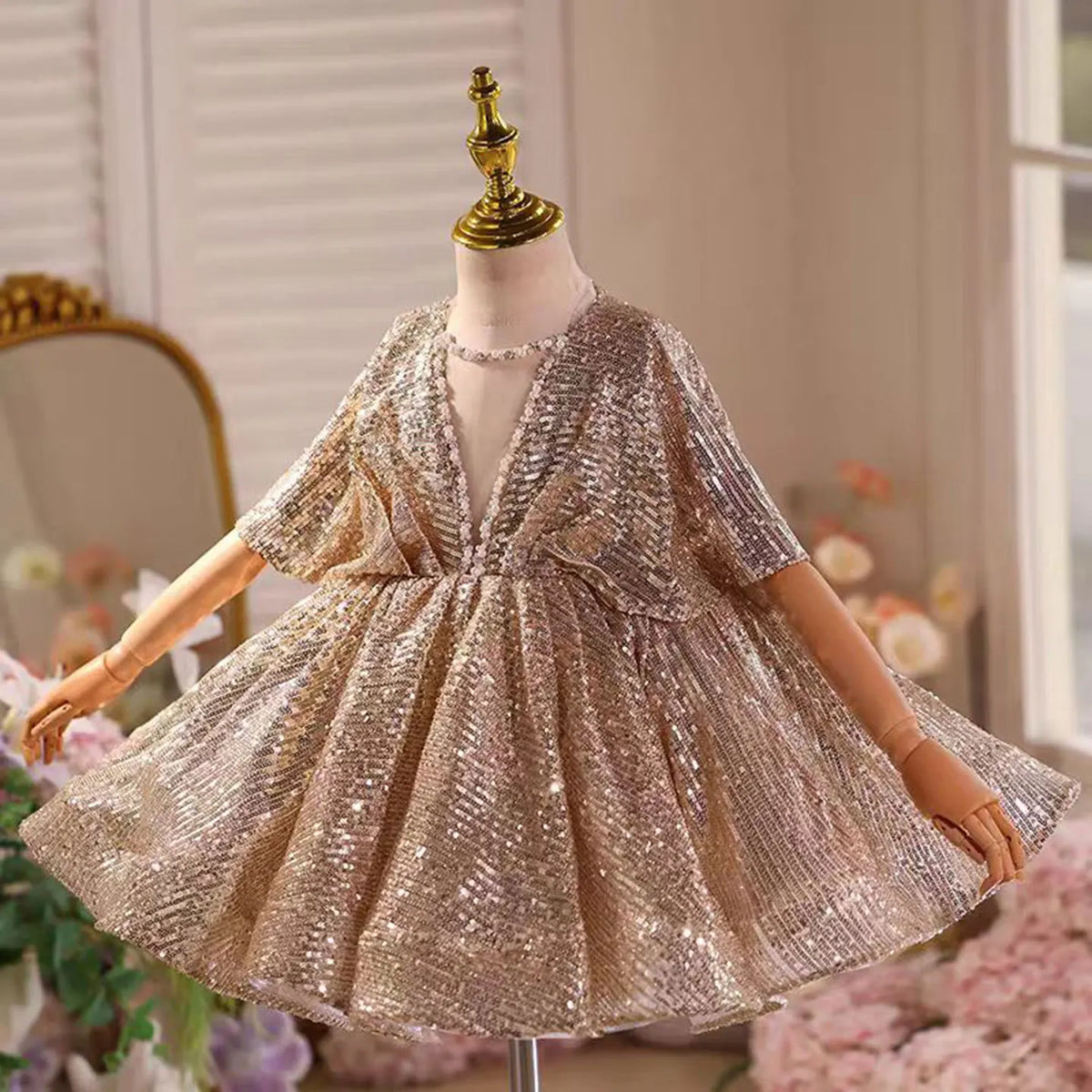 Dreamy Vow D031 Luxury V-Neck Beaded Brown Flower Girl Dress Cap Sleeve Dubai Wedding Birthday Holiday Evening Party Summer Prom