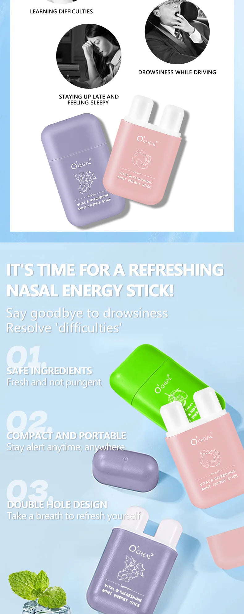 O'cheal Double Hole Energy Stick - Mint Scent Inhaler, 3-Pack