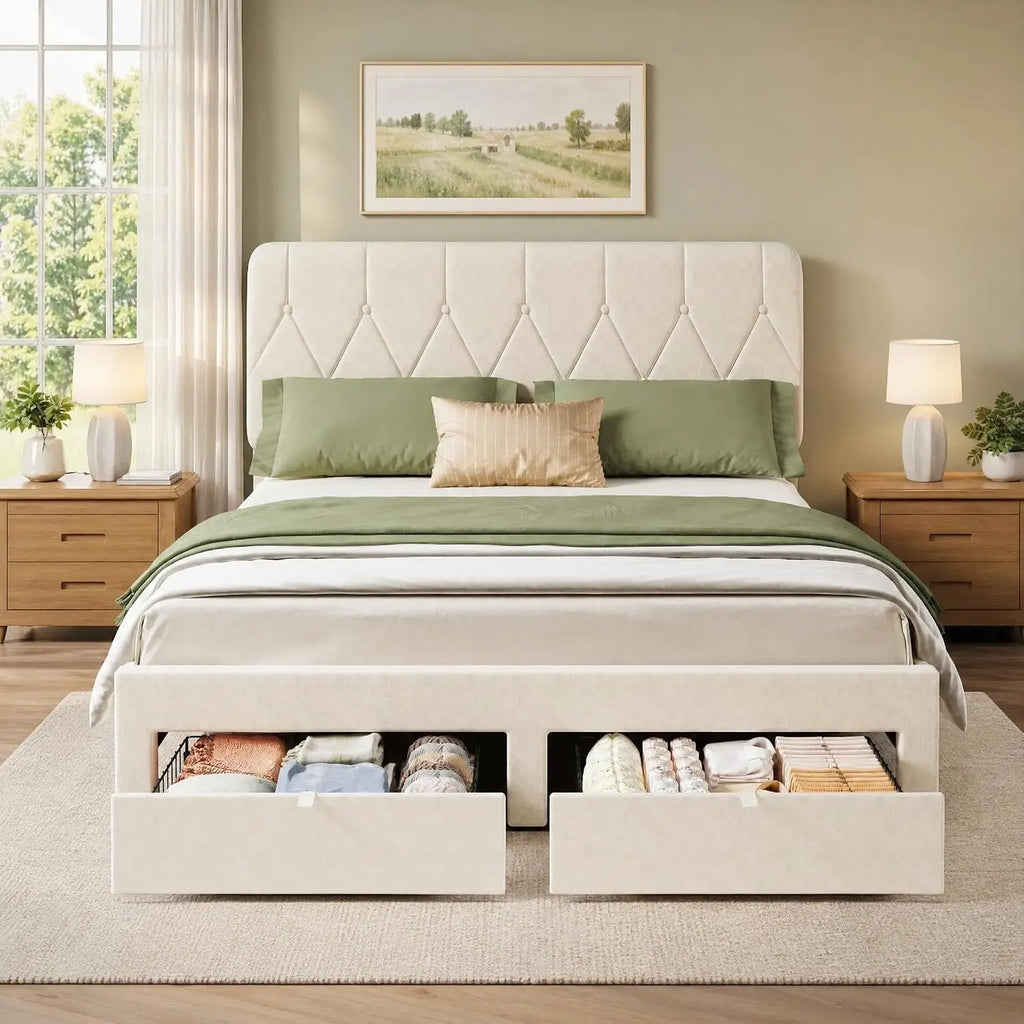 Full/Queen/King Size Velvet Upholstered Bed Frame with 2 Drawers at Footboard, White Soft Upholstered Platform Bed with Under‑Bed Storage for Bedroom