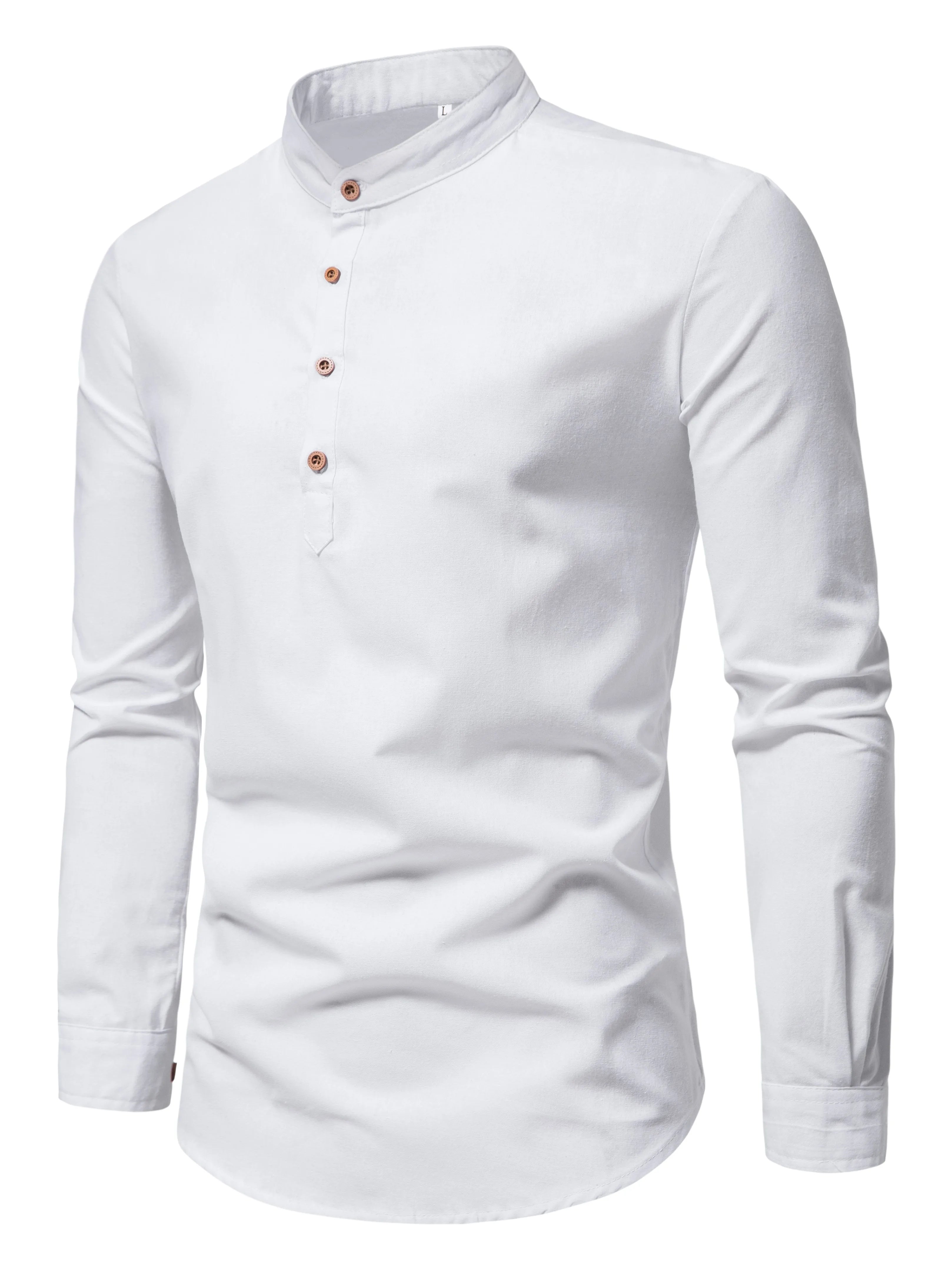 Spring And Autumn Men'S Pure Cotton Solid Color Shirts, Elegant Long-Sleeved Stand-Up Collar Shirts, Slim-Fit Men'S Shirts
